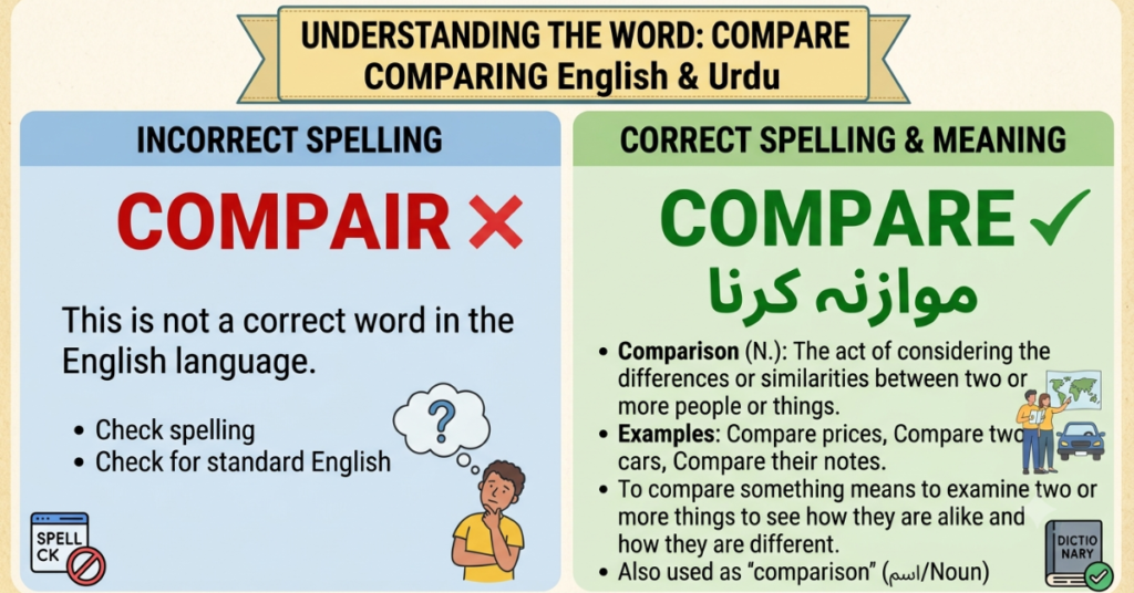 Compair Meaning: Correct Spelling & Urdu Meaning